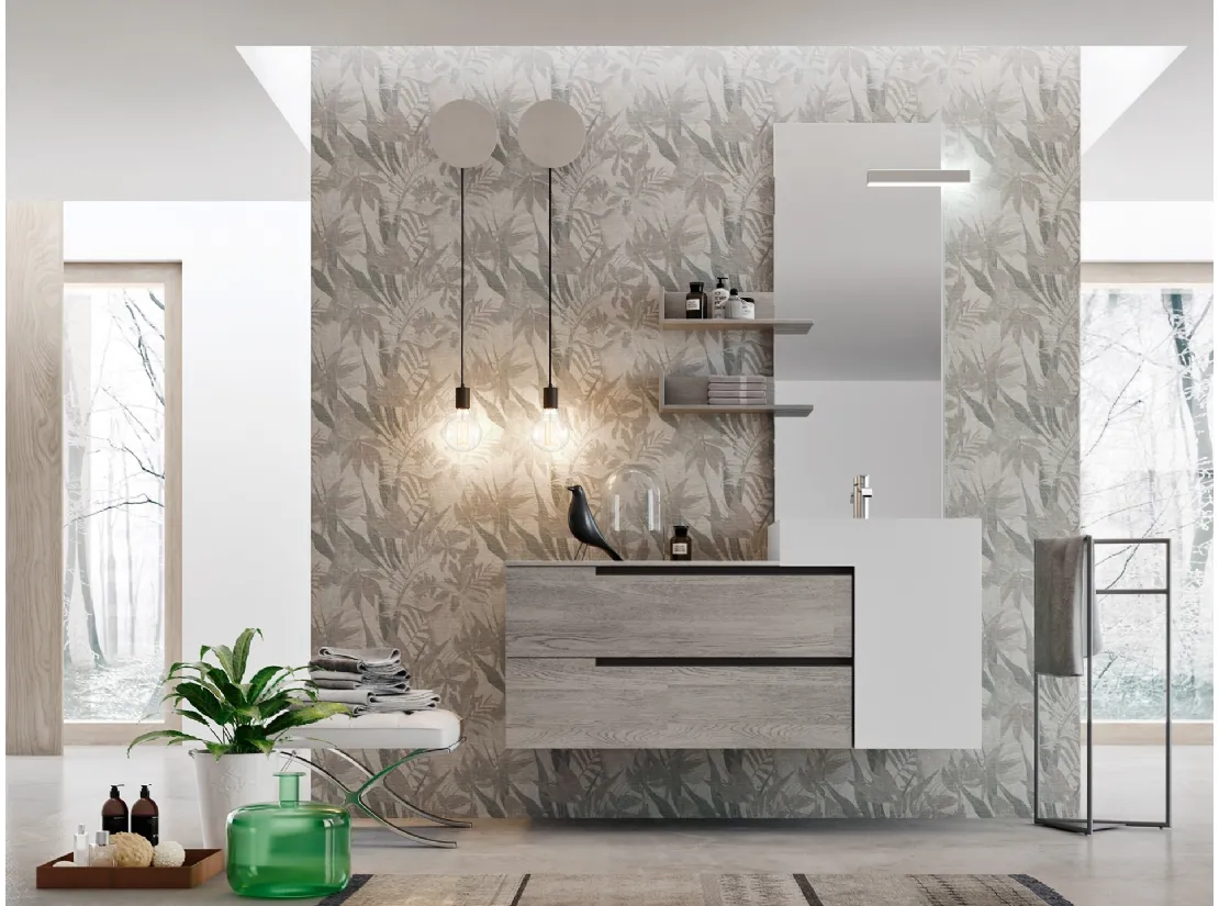 Mobile da Bagno sospeso Start Line 02 in melaminico Sablè Grey con lavabo asimmetrico di Ardeco