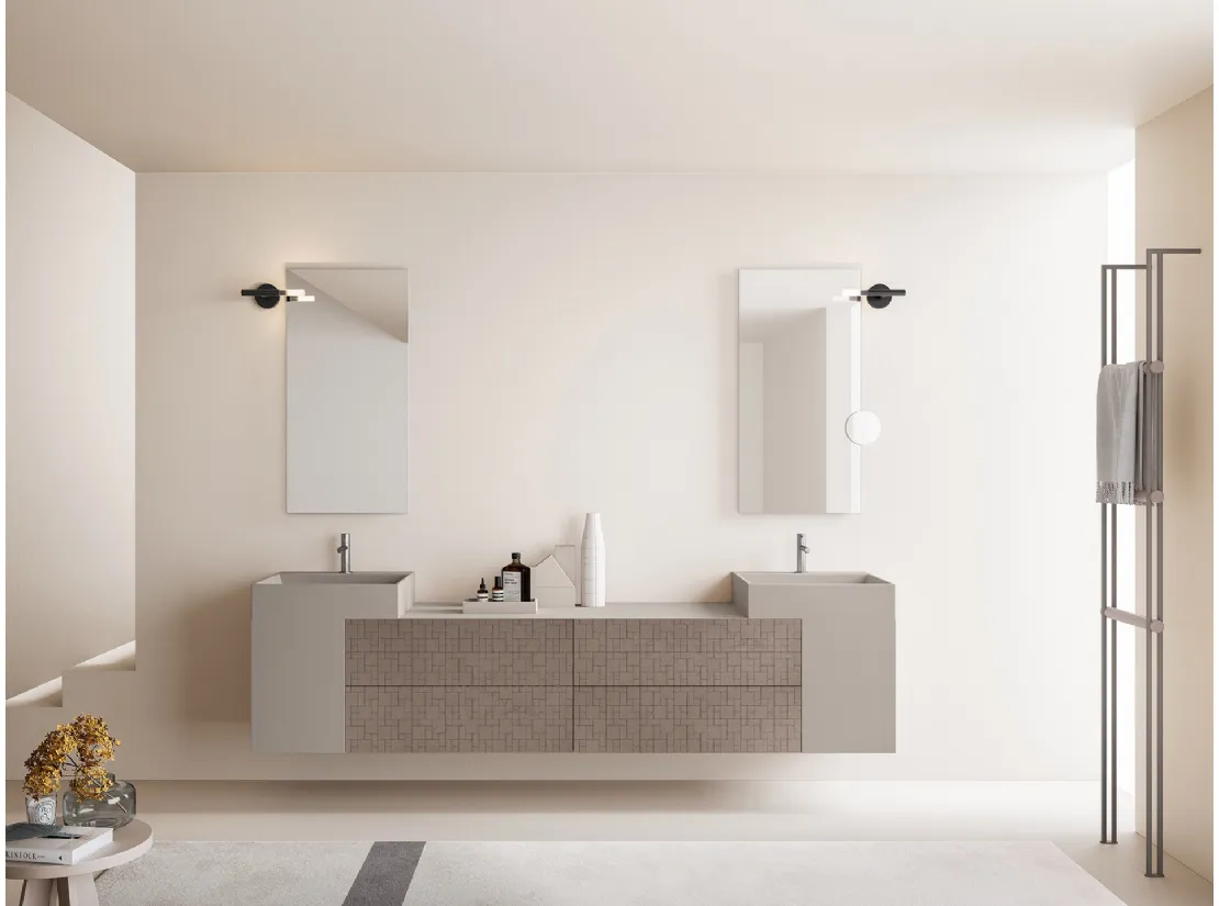 Mobile da Bagno con doppio lavabo Vintage 03 Elegant Sand in melaminico Malta Visone con serigrafia e laccato Lino opaco di Ardeco