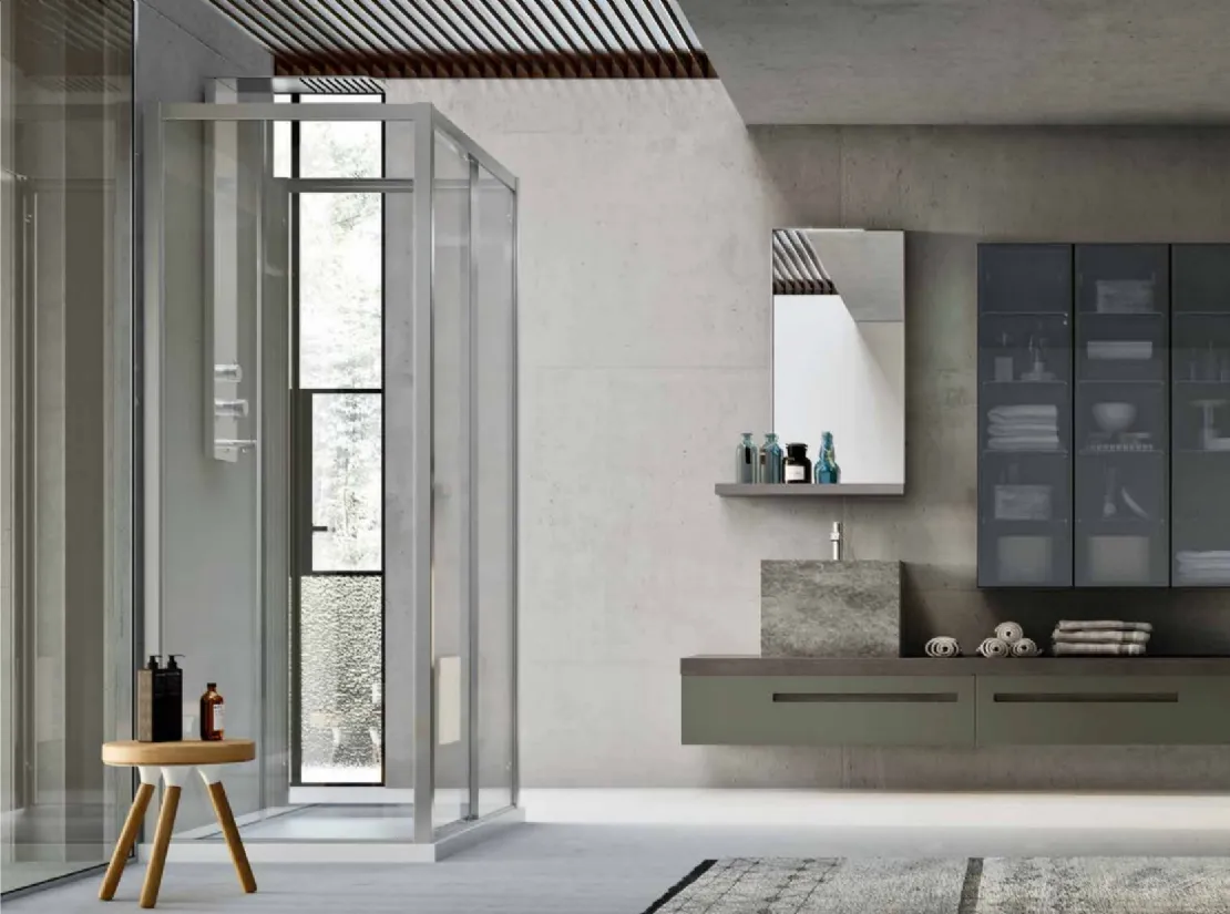 Mobile da Bagno in laccato Roccia opaco e Rovere Fumè con lavabo monolite in gres Start Gate 05 di Ardeco