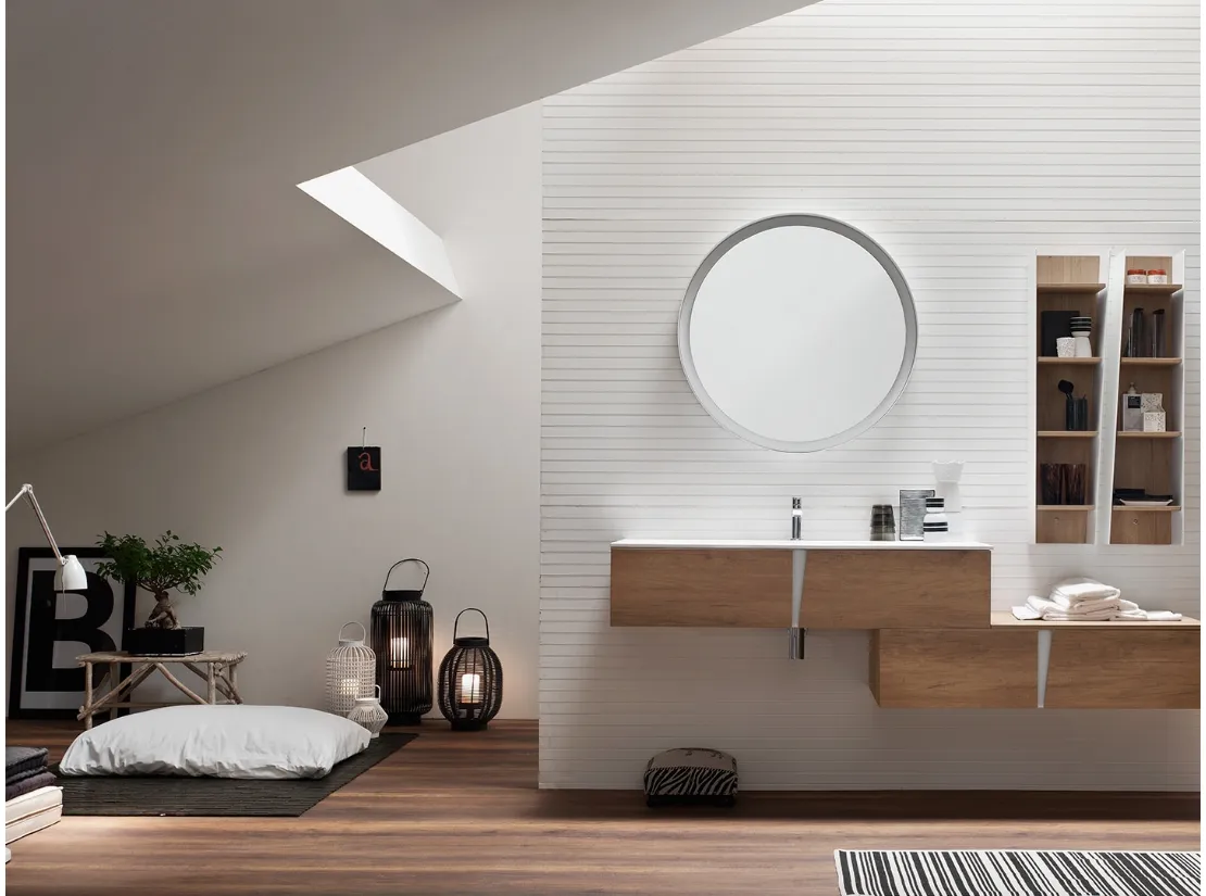 Mobile da Bagno in melaminico Nodato Miele effetto legno con maniglie in metallo Bianco Wector 04 di Ardeco