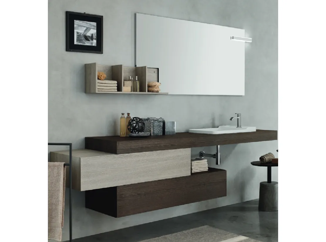 Mobile da Bagno sospeso con disposizione asimmetrica in melaminico Wind 41 di Ardeco