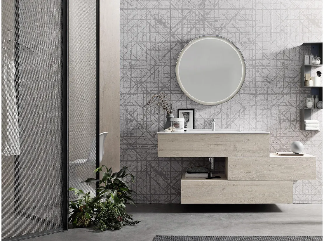 Mobile da Bagno sospeso in melaminico Nodato Bianco con top in mineralmarmo Wind 47 di Ardeco