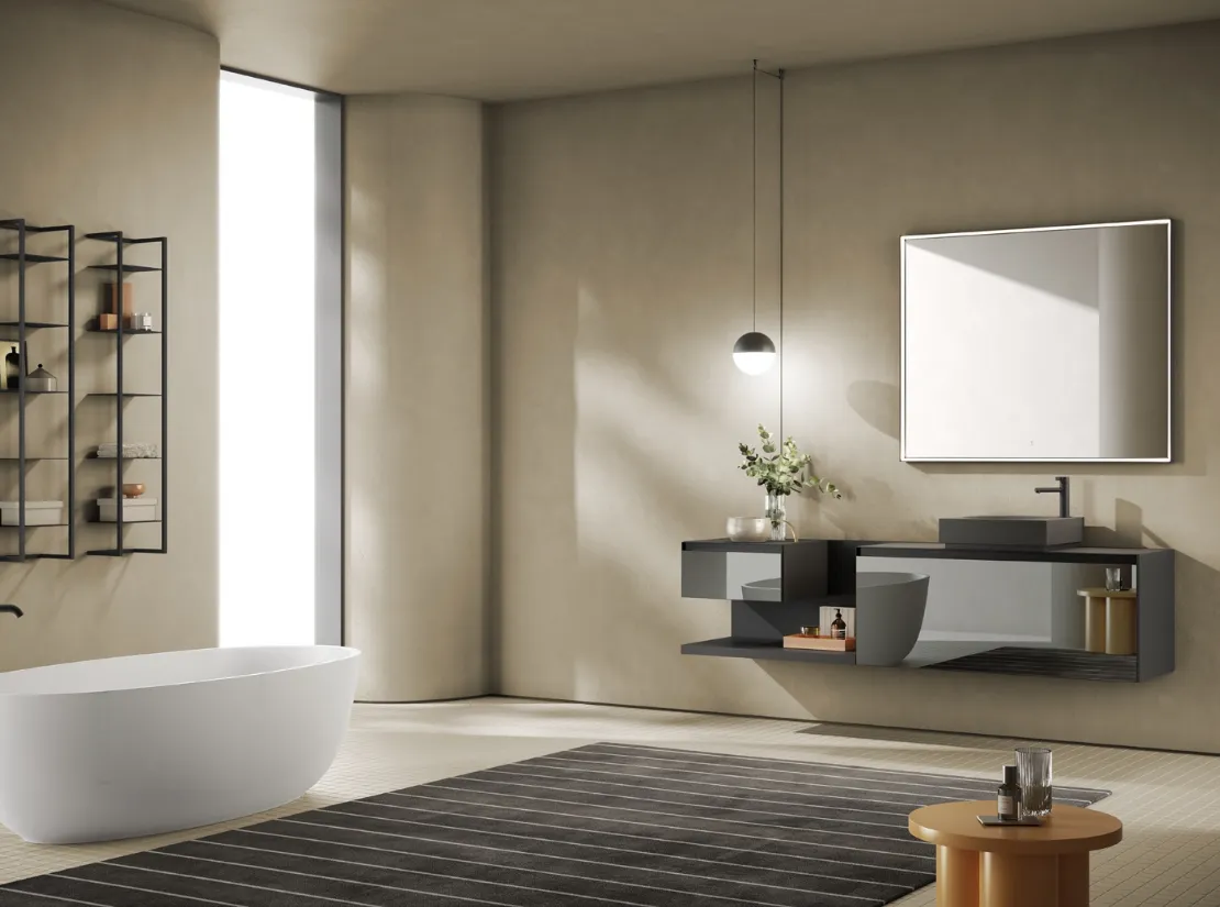 Mobile da Bagno sospeso Yoko 02 con frontali a specchio e laccato Grigio Fumo e Nero opaco di Ardeco